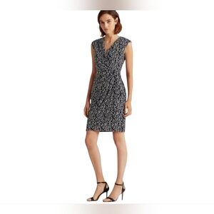 Lauren RALPH LAUREN  Navy White Faux Wrap Geometric Sleeveless Jersey Dress 16
